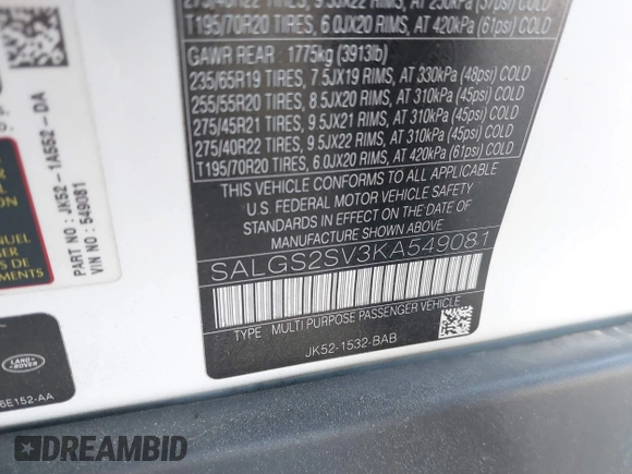 2019 Land Rover Range Rover HSE z VIN SALGS2SV3KA549081, wystawiony jako IAAI lot #41772535 z przebiegiem 122 510 mil mil oraz . Historia ofert i sprzedaży dostępna na DreamBid. Obrazek 9.