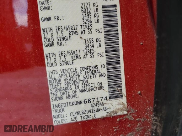 2022 Nissan Frontier SV with VIN 1N6ED1EK0NN687174, listed as a Copart auction lot 61204105 with Not provided miles and Salvage title. Bid and sale history available at DreamBid. Image 12.