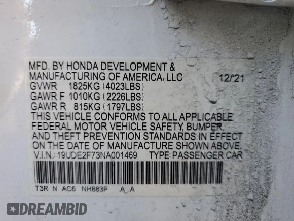 2022 Acura ILX Premium with VIN 19UDE2F73NA001469, listed as a Copart auction lot 85269574 with 27,485 mi miles and Salvage Title. Bid and sale history available at DreamBid. Image 13.