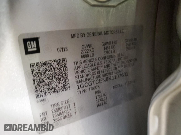 2019 Chevrolet Colorado 4WD LT with VIN 1GCGTCEN8K1107631, listed as a Copart auction lot 52574065 with 86,874 mi miles and Salvage title. Bid and sale history available at DreamBid. Image 12.