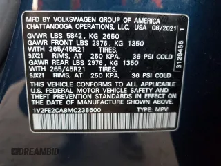 2021 Volkswagen Atlas SEL Premium R-Line with VIN 1V2FE2CA8MC238600, listed as a Copart auction lot 84416164 with 41,719 mi miles and Salvage title. Bid and sale history available at DreamBid. Image 14.