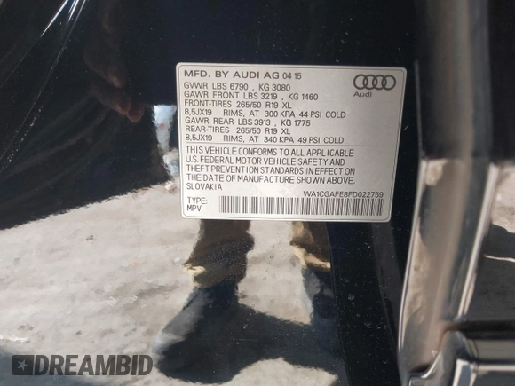 2015 Audi Q7 3.0T Premium with VIN WA1CGAFE8FD022759, listed as a IAAI auction lot 41396200 with 1 mi miles. Bid and sale history available at carsss.com. Image 9.