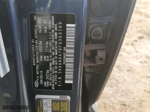 2015 Kia Optima EX with VIN 5XXGN4A78FG363169, listed as a Copart auction lot 44431644 with 58,336 mi miles and Salvage Title. Bid and sale history available at carsss.com. Image 12.