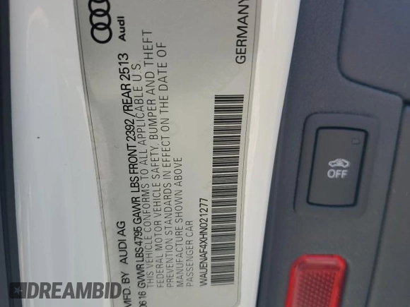 2017 Audi A4 Premium Plus with VIN WAUENAF4XHN021277, listed as a Copart auction lot 62783645 with 66,639 mi miles and Salvage title. Bid and sale history available at DreamBid. Image 12.