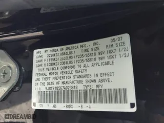 2007 Acura RDX Tech Pkg with VIN 5J8TB18567A023818, listed as a IAAI auction lot 41957412 with 168,144 mi miles. Bid and sale history available at carsss.com. Image 9.