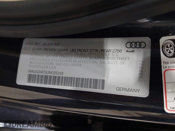 2018 Audi A6 Premium Plus with VIN WAUG3AFC8JN025243, listed as a IAAI auction lot 42029477 with 51,138 mi miles. Bid and sale history available at carsss.com. Image 9.