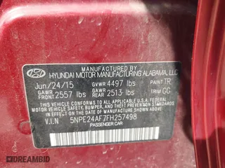 2015 Hyundai Sonata 2.4L SE with VIN 5NPE24AF7FH257498, listed as a IAAI auction lot 42051629 with 1 mi miles. Bid and sale history available at carsss.com. Image 9.