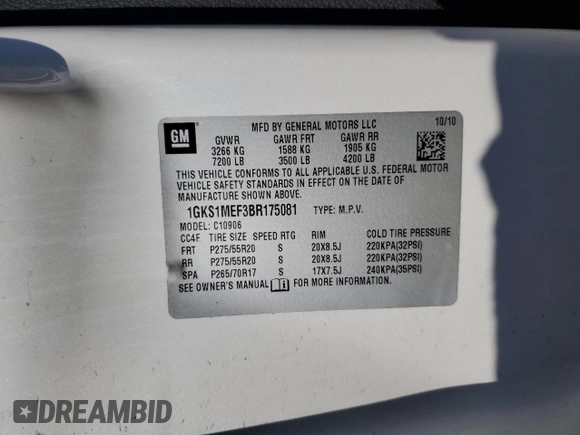 2011 GMC Yukon XL Denali with VIN 1GKS1MEF3BR175081, listed as a Copart auction lot 81245104 with 0 mi miles and Salvage Title. Bid and sale history available at carsss.com. Image 13.