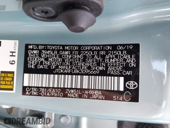 2019 Toyota Prius L Eco z VIN JTDKARFU8K3095669, wystawiony jako IAAI lot #42334160 z przebiegiem 59 882 mil mil oraz . Historia ofert i sprzedaży dostępna na DreamBid. Obrazek 9.