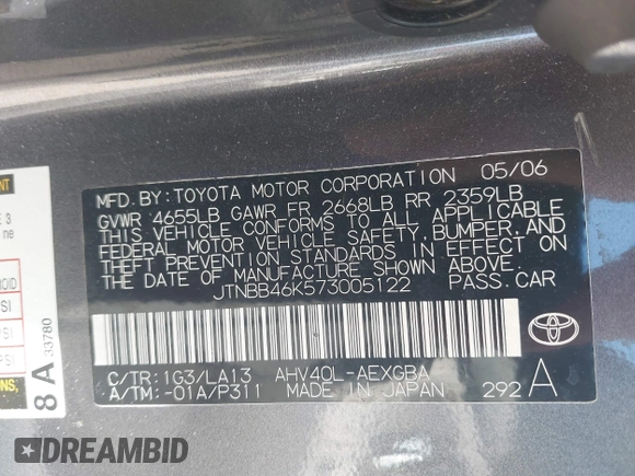 2007 Toyota Camry z VIN JTNBB46K573005122, wystawiony jako IAAI lot #42139902 z przebiegiem 251 304 mil mil oraz . Historia ofert i sprzedaży dostępna na DreamBid. Obrazek 9.