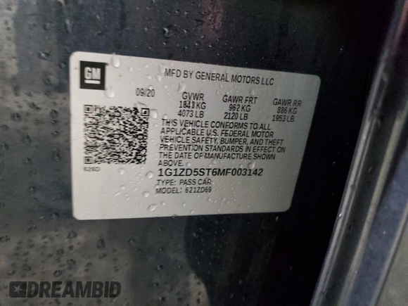 2021 Chevrolet Malibu LT with VIN 1G1ZD5ST6MF003142, listed as a Copart auction lot 51330185 with 82,537 mi miles and Salvage Title. Bid and sale history available at DreamBid. Image 13.