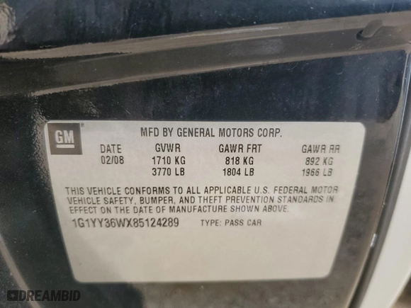 2008 Chevrolet Corvette with VIN 1G1YY36WX85124289, listed as a Copart auction lot 87733035 with 62,808 mi miles and Salvage Title. Bid and sale history available at carsss.com. Image 12.
