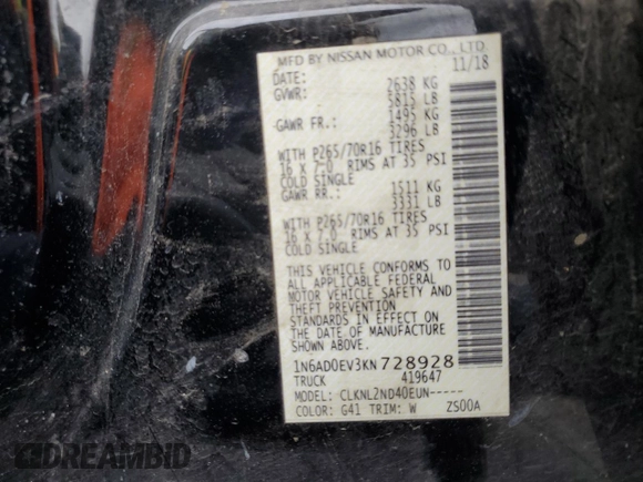 2019 Nissan Frontier SV with VIN 1N6AD0EV3KN728928, listed as a Copart auction lot 57334755 with 64,221 mi miles and Salvage title. Bid and sale history available at DreamBid. Image 12.