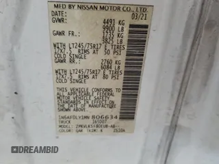 2021 Nissan NV SV with VIN 1N6AF0LY1MN806634, listed as a Copart auction lot 68228664 with 181,076 mi miles and Salvage Title. Bid and sale history available at carsss.com. Image 12.