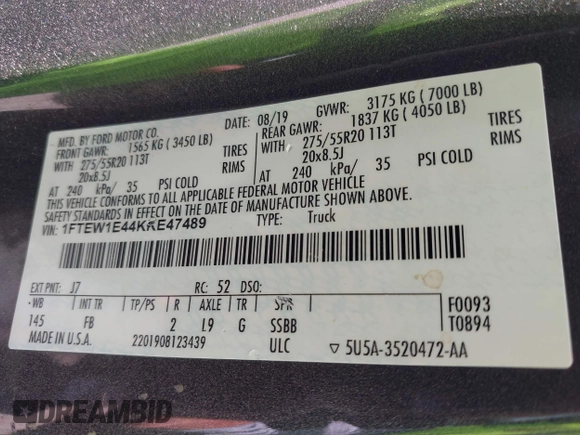 2019 Ford F-150 XL with VIN 1FTEW1E44KKE47489, listed as a IAAI auction lot 42211083 with 139,615 mi miles and . Bid and sale history available at DreamBid. Image 9.