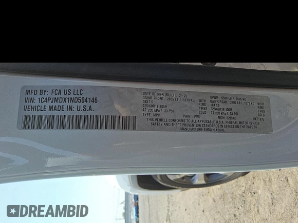 2022 Jeep Cherokee Limited with VIN 1C4PJMDX1ND504146, listed as a Copart auction lot 62564095 with 34,155 mi miles and Clean title. Bid and sale history available at DreamBid. Image 13.