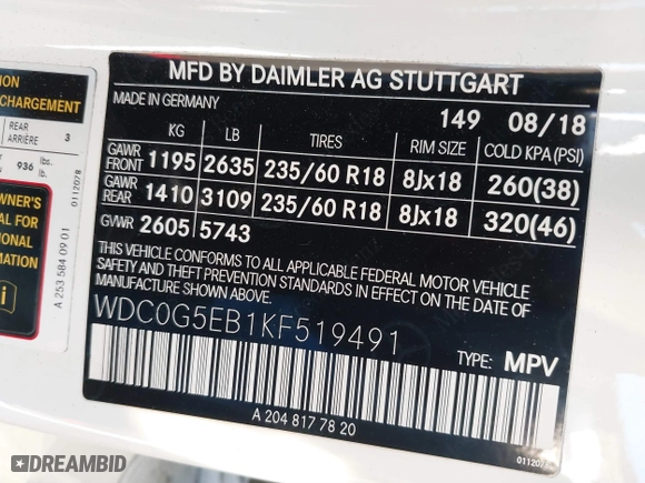 2019 Mercedes-Benz GLC with VIN WDC0G5EB1KF519491, listed as a IAAI auction lot 41858783 with 48,561 mi miles. Bid and sale history available at carsss.com. Image 9.