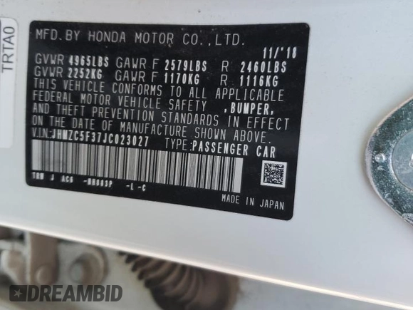 2018 Honda Clarity Plug-In Hybrid Touring with VIN JHMZC5F37JC023027, listed as a Copart auction lot 72776134 with 93,284 mi miles and Salvage Title. Bid and sale history available at carsss.com. Image 12.