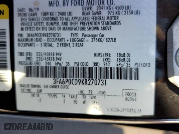 2019 Ford Fusion SEL with VIN 3FA6P0CD9KR270731, listed as a Copart auction lot 46857665 with 89,232 mi miles and Salvage Title. Bid and sale history available at carsss.com. Image 14.