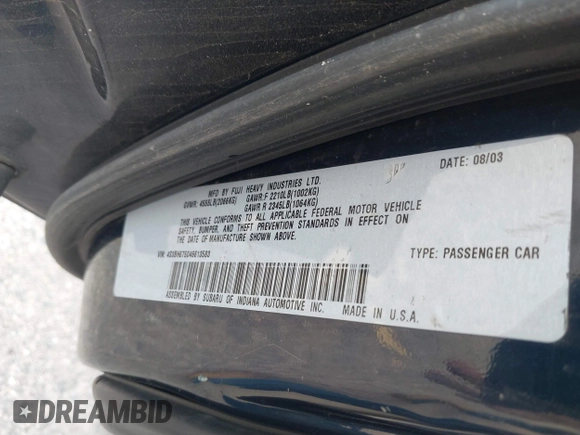 2004 Subaru Legacy Outback with VIN 4S3BH675046613583, listed as a IAAI auction lot 41276224 with Not provided miles and . Bid and sale history available at DreamBid. Image 9.