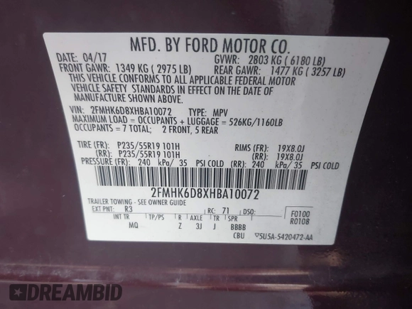 2017 Ford Flex Limited with VIN 2FMHK6D8XHBA10072, listed as a IAAI auction lot 41550829 with 132,995 mi miles. Bid and sale history available at carsss.com. Image 9.