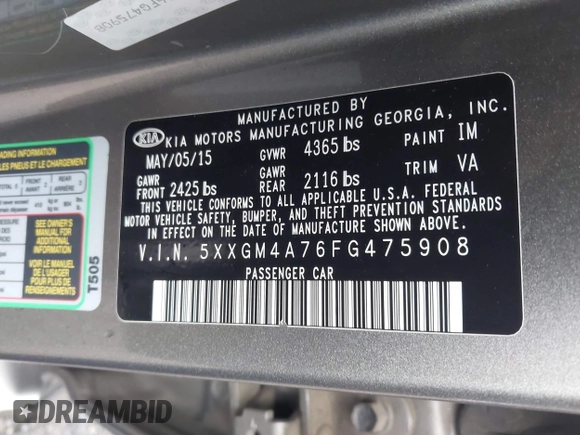 2015 Kia Optima LX with VIN 5XXGM4A76FG475908, listed as a IAAI auction lot 41964205 with 122,965 mi miles. Bid and sale history available at carsss.com. Image 9.