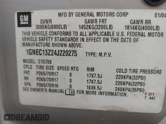 2004 Chevrolet Tahoe LT z VIN 1GNEC13Z24J220275, wystawiony jako IAAI lot #42142833 z przebiegiem 271 725 mil mil oraz . Historia ofert i sprzedaży dostępna na DreamBid. Obrazek 9.