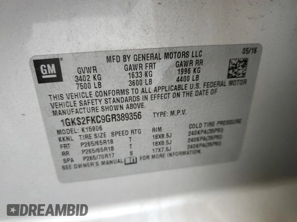 2016 GMC Yukon XL SLE z VIN 1GKS2FKC9GR389356, wystawiony jako Copart lot #53828805 z przebiegiem 119 892 mil mil oraz Szkody całkowita. Historia ofert i sprzedaży dostępna na DreamBid. Obrazek 14.