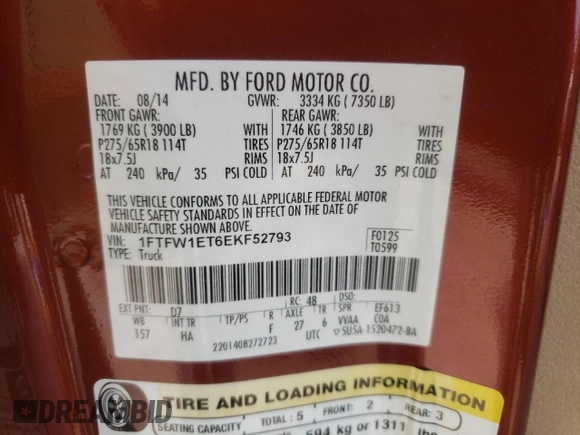 2014 Ford F-150 XL с VIN 1FTFW1ET6EKF52793, выставлен на аукционе Copart как лот 59310325 с пробегом 326 964 миль миль и Списание • Salvage title. История ставок и продаж доступна на DreamBid. Изображение 12.