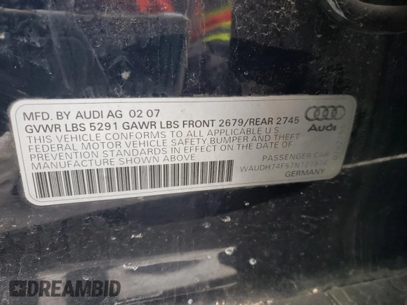 2007 Audi A6 3.2L with VIN WAUDH74F57N121974, listed as a Copart auction lot 44384815 with 0 mi miles and Clean Title. Bid and sale history available at carsss.com. Image 12.