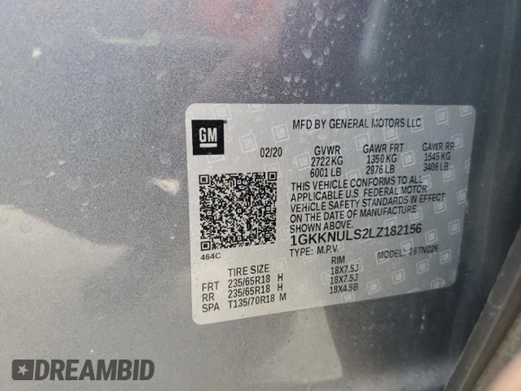 2020 GMC Acadia SLT with VIN 1GKKNULS2LZ182156, listed as a Copart auction lot 50761875 with 91,837 mi miles and Salvage Title. Bid and sale history available at DreamBid. Image 14.
