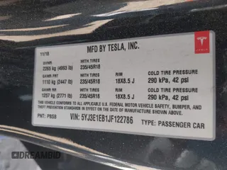 2018 Tesla Model 3 Long Range Battery with VIN 5YJ3E1EB1JF122786, listed as a IAAI auction lot 42010451 with 85,510 mi miles and . Bid and sale history available at DreamBid. Image 9.
