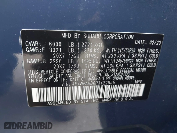 2023 Subaru Ascent Onyx with VIN 4S4WMAHD6P3422855, listed as a IAAI auction lot 41097847 with 1,304 mi miles and . Bid and sale history available at DreamBid. Image 9.