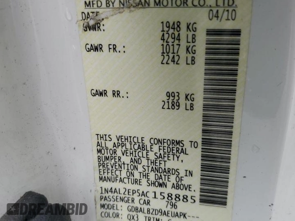 2010 Nissan Altima 2.5 S with VIN 1N4AL2EP5AC158885, listed as a Copart auction lot 49010855 with 0 mi miles and Salvage Title. Bid and sale history available at carsss.com. Image 14.