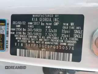 2023 Kia Telluride SX Prestige X-Pro with VIN 5XYP5DGC9PG350576, listed as a Copart auction lot 49342325 with 23,397 mi miles and Salvage title. Bid and sale history available at DreamBid. Image 13.
