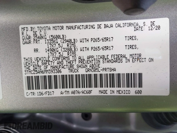 2021 Toyota Tacoma SR with VIN 3TMCZ5AN6MM393306, listed as a IAAI auction lot 42094095 with 57,217 mi miles and . Bid and sale history available at DreamBid. Image 9.