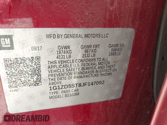2018 Chevrolet Malibu LT with VIN 1G1ZD5ST8JF147092, listed as a IAAI auction lot 41980519 with Not Provided miles and . Bid and sale history available at DreamBid. Image 9.