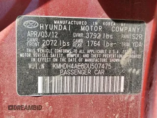 2013 Hyundai Elantra GLS with VIN KMHDH4AE8DU507475, listed as a Copart auction lot 58737755 with 184,629 mi miles and Clean title. Bid and sale history available at DreamBid. Image 12.