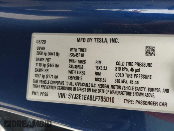 2020 Tesla Model 3 Standard Range Plus z VIN 5YJ3E1EA8LF785010, wystawiony jako IAAI lot #42130951 z przebiegiem 90 072 mil mil oraz . Historia ofert i sprzedaży dostępna na DreamBid. Obrazek 9.
