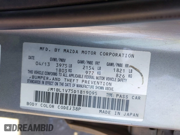 2013 Mazda 3 i Touring with VIN JM1BL1V75D1819095, listed as a IAAI auction lot 41841503 with 192,685 mi miles and . Bid and sale history available at DreamBid. Image 9.