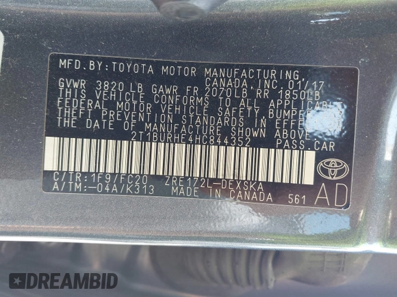 2017 Toyota Corolla L with VIN 2T1BURHE4HC844352, listed as a IAAI auction lot 42561228 with 84,717 mi miles and . Bid and sale history available at DreamBid. Image 9.
