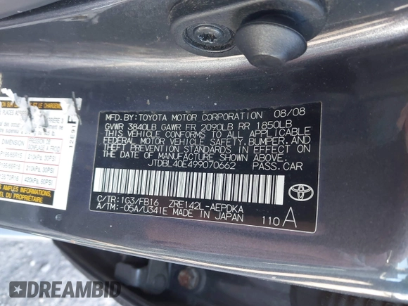 2009 Toyota Corolla with VIN JTDBL40E499070662, listed as a IAAI auction lot 41590923 with 148,295 mi miles. Bid and sale history available at carsss.com. Image 9.