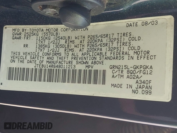 2004 Toyota 4Runner SR5 with VIN JTEBU14R648011213, listed as a IAAI auction lot 41783966 with 176,855 mi miles and . Bid and sale history available at DreamBid. Image 9.