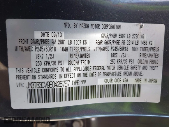 2014 Mazda CX-9 Touring with VIN JM3TB3CV9E0426767, listed as a IAAI auction lot 42301021 with 129,497 mi miles and . Bid and sale history available at DreamBid. Image 9.