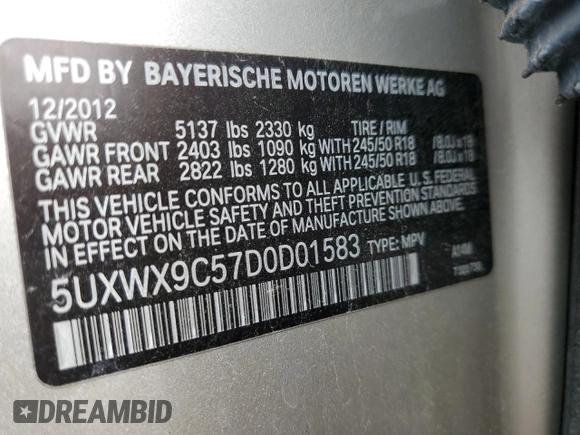 2013 BMW X3 xDrive28i with VIN 5UXWX9C57D0D01583, listed as a Copart auction lot 54091135 with 133,506 mi miles and Clean Title. Bid and sale history available at carsss.com. Image 13.