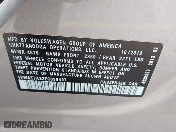 2014 Volkswagen Passat S z VIN 1VWAT7A33EC038497, wystawiony jako IAAI lot #41922616 z przebiegiem 110 509 mil mil oraz . Historia ofert i sprzedaży dostępna na DreamBid. Obrazek 9.