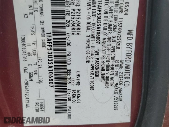2005 Ford Taurus SE z VIN 1FAFP53U35A106807, wystawiony jako Copart lot #57023025 z przebiegiem 168 727 mil mil oraz Szkoda całkowita • Salvage title. Historia ofert i sprzedaży dostępna na DreamBid. Obrazek 12.