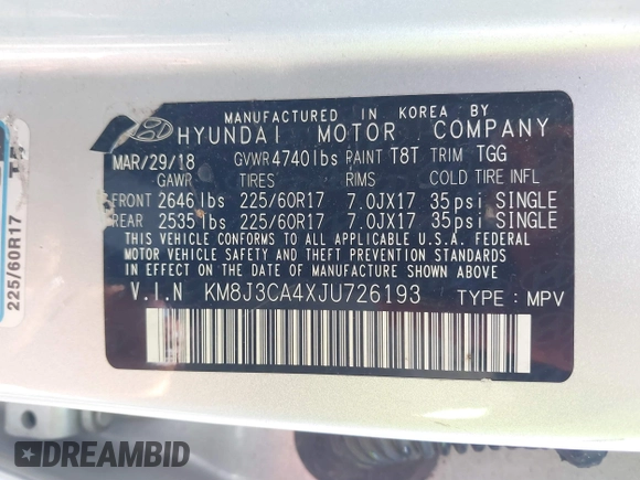 2018 Hyundai Tucson SEL with VIN KM8J3CA4XJU726193, listed as a IAAI auction lot 39087796 with 62,418 mi miles and . Bid and sale history available at DreamBid. Image 9.