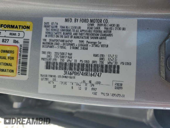2017 Ford Fusion SE z VIN 3FA6P0H74HR164747, wystawiony jako Copart lot #56139855 z przebiegiem 105 769 mil mil oraz Szkoda całkowita • Salvage title. Historia ofert i sprzedaży dostępna na DreamBid. Obrazek 12.