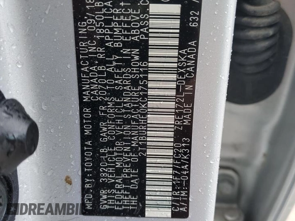 2019 Toyota Corolla L with VIN 2T1BURHE0KC175116, listed as a Copart auction lot 53688325 with 32,629 mi miles and Salvage Title. Bid and sale history available at DreamBid. Image 12.